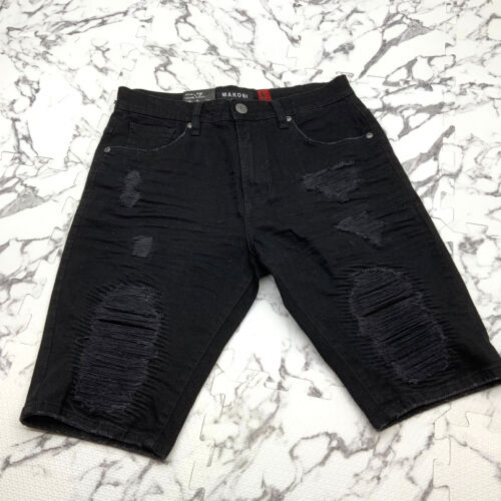 Men's Makobi Jet Black Ripped Denim Shorts NWT